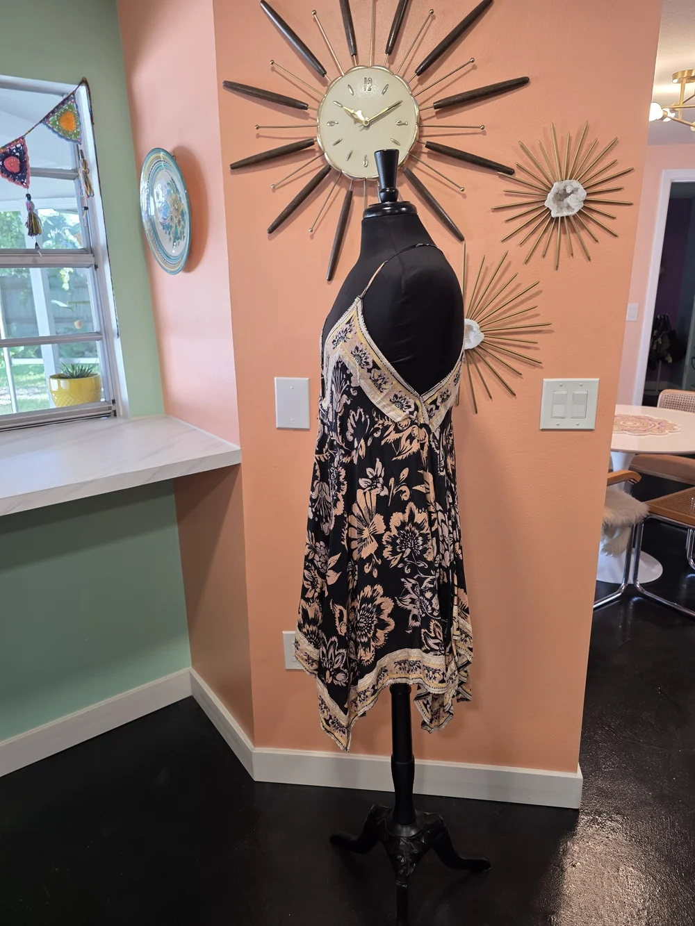 Free People Bali Seashell Scarf Print Dress Black and Blush Floral Mini Dress